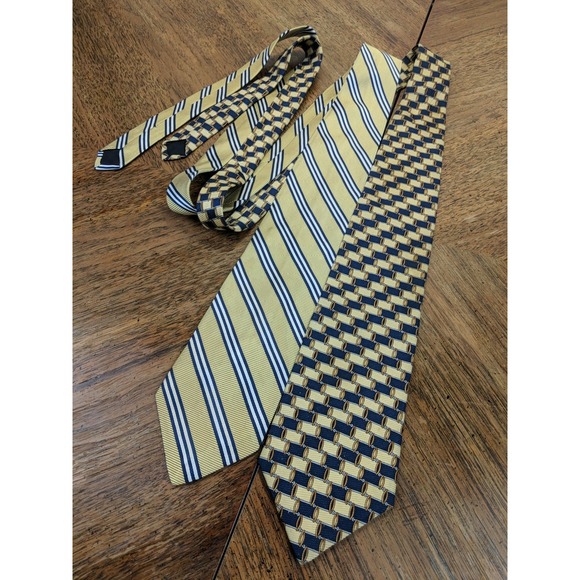(2) Brooks Brothers Blue & Yellow Striped Geometric Tie 100% Silk Men's Necktie - Picture 2 of 7